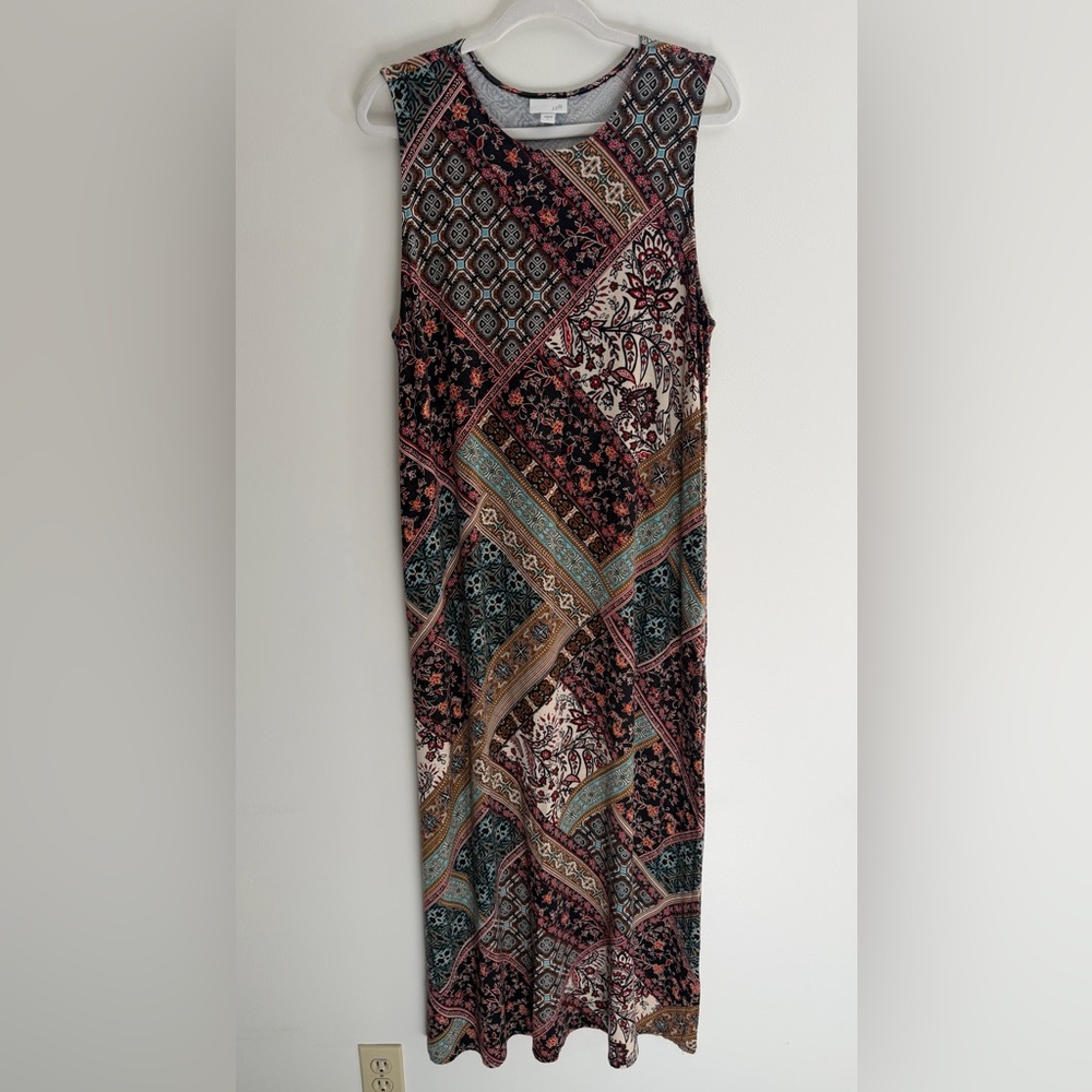 J. Jill Patchwork Print Maxi Dress, Soft Stretch Jersey Knit, Women's Large